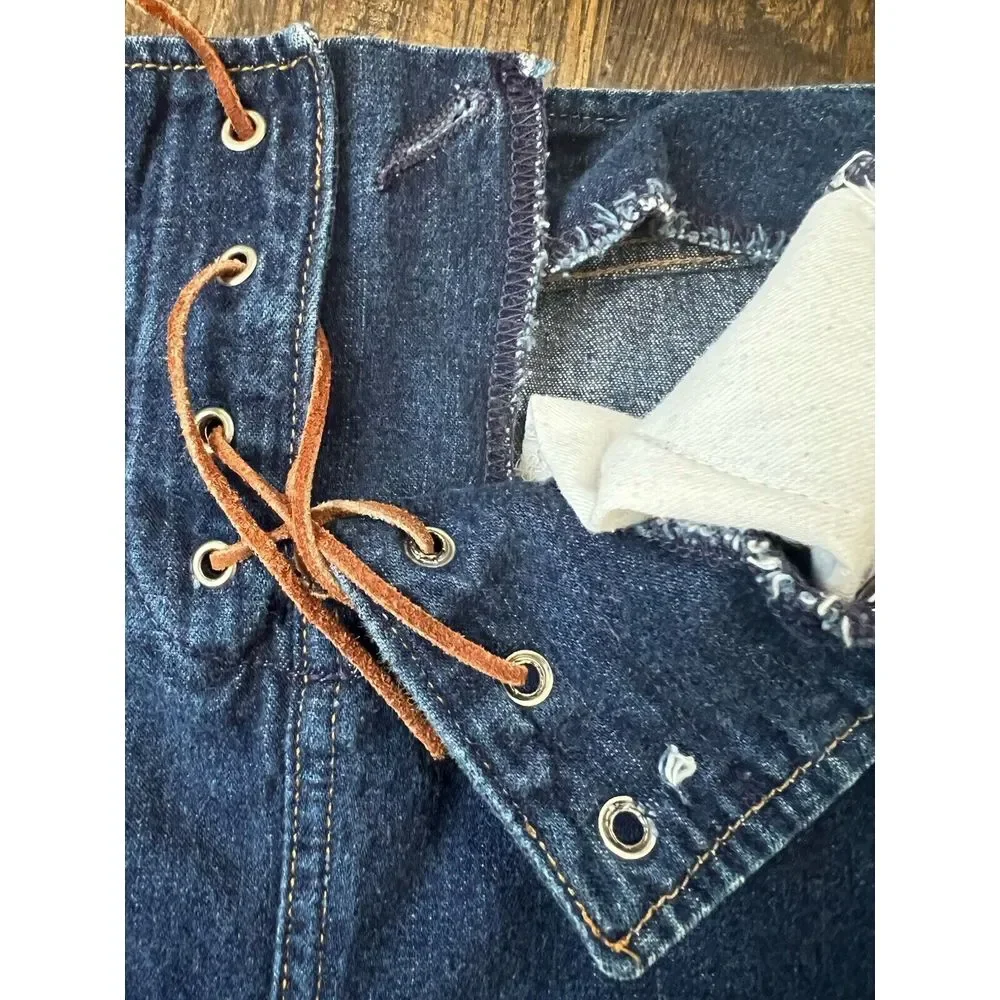 Z Cavaricci Denim Jean Mini Skirt Leather Lace Up Tie SZ 3 Small Y2K Grunge 90's